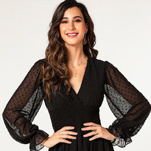 Загрузить изображение в средство просмотра галереи, factory wholesale hot puff lantern long sleeve jacquard polka dot chiffon autumn dress ladies deep V neck trendy dress
