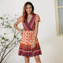 Charger l'image dans la galerie, short sleeve sexy V-neck bohemian floral dress