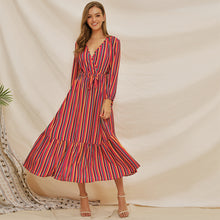 Carica l'immagine nel visualizzatore di Gallery, Long Sleeve colorful sexy V neck stripe ruffle dress - Jasmine Wei Factory Shop