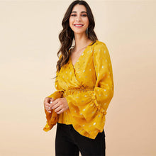 Cargar imagen en el visor de la galería, Yellow long sleeve chiffon v neck peplum blouse