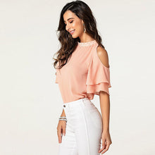 Laden Sie das Bild in den Galerie-Viewer, Pretty halter beaded neck off shoulder 2-layer short sleeve top