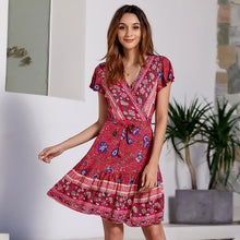 Charger l'image dans la galerie, short sleeve sexy V-neck bohemian floral dress