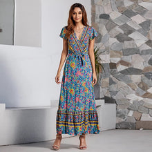 Carica l'immagine nel visualizzatore di Gallery, Abito lungo da spiaggia con scollo a V, manica corta, con spacco, stampato floreale bohémien