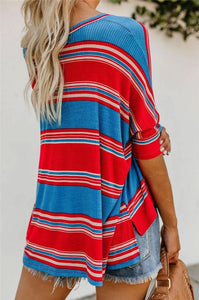 Contrast Stripe Knitwear T shirt Women Diagonal Neck Half Sleeve Asymmetrical Loose Top