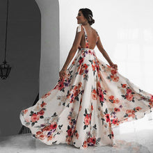 Carica l'immagine nel visualizzatore di Gallery, Vestito estivo casual da donna con scollo a V, maniche a cappuccio, schiena scoperta, abito lungo stampato in stile bohémien per signora