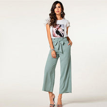 Load image into Gallery viewer, hot sell new design leisure green ladies long pants belted elastic high waisted wide leg trousers female clothes