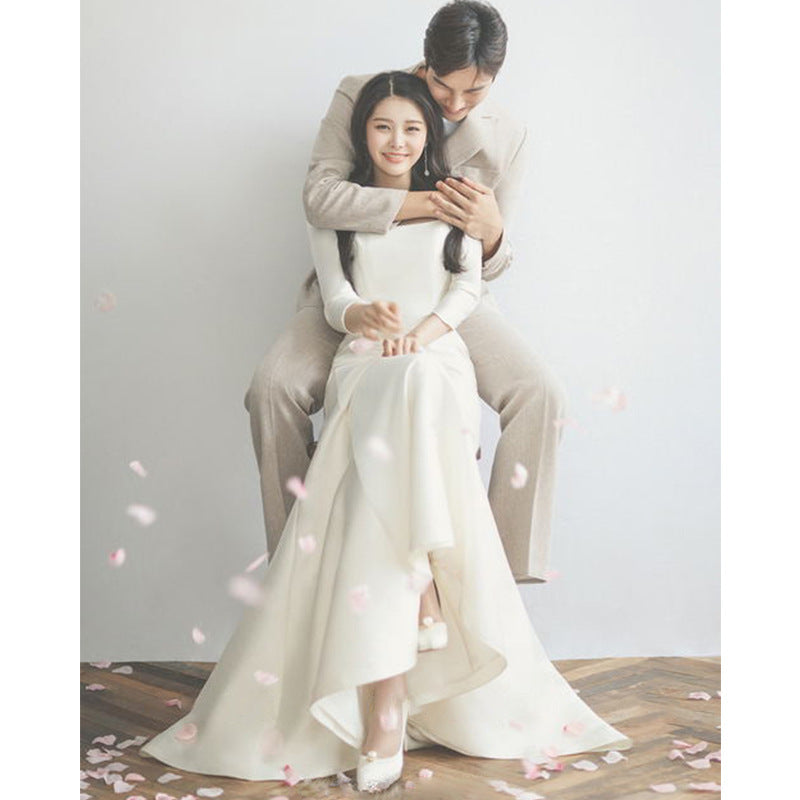 Light Bridal Dress Korean Vintage Satin SImple Slim Mermaid Sweep Trai –  Jasmine Wei Factory Shop