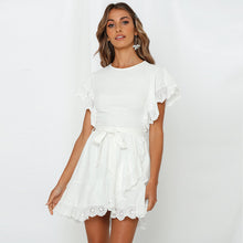 Load image into Gallery viewer, Lace Trimming White Short Sleeve Ruffle Wrap Tie Dress - Jasmine Wei Factory Shop
