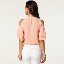 Laden Sie das Bild in den Galerie-Viewer, Pretty halter beaded neck off shoulder 2-layer short sleeve top