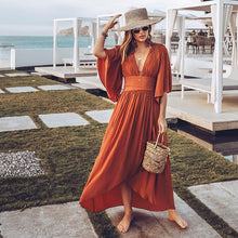 Charger l'image dans la galerie, solid color deep v neck boho high split lantern sleeve dress