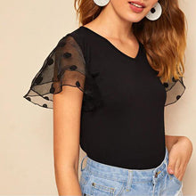 Laden Sie das Bild in den Galerie-Viewer, Short Sleeve Casual V neck Dot 2-layer Tulle Lace Jersey Spliced T Shirt