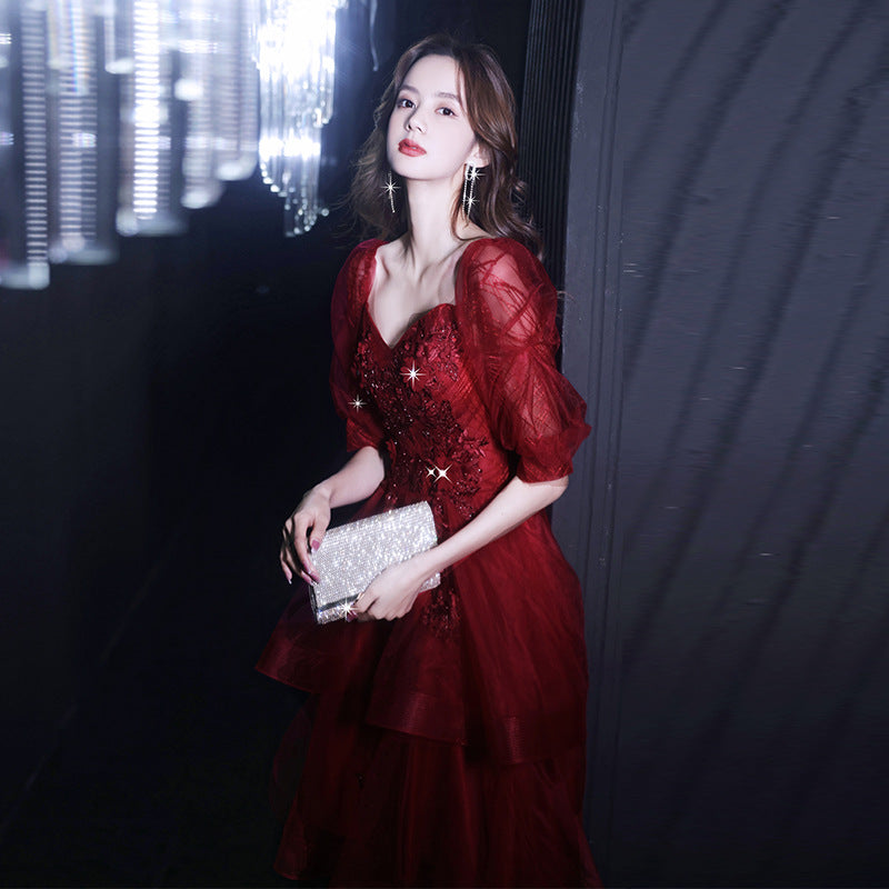 Maroon Fairy French Style Princess Evening Dress  Jasmine Wei Factory Shop