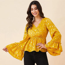 Cargar imagen en el visor de la galería, Yellow long sleeve chiffon v neck peplum blouse