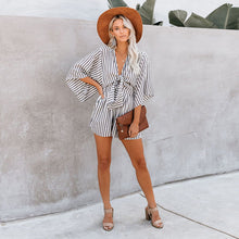 Загрузить изображение в средство просмотра галереи, Stripe Print V Neck Bat Sleeve Korean Women Fashion Jumpsuit