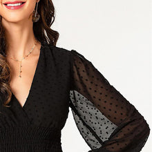 Загрузить изображение в средство просмотра галереи, factory wholesale hot puff lantern long sleeve jacquard polka dot chiffon autumn dress ladies deep V neck trendy dress