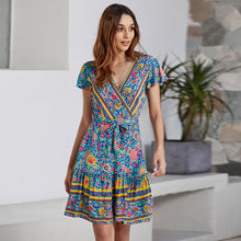 Charger l'image dans la galerie, short sleeve sexy V-neck bohemian floral dress