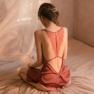 Backless Lace Transparent Thin Slip Nightdress Homewear Set