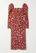 Carica l'immagine nel visualizzatore di Gallery, Abito casual midi in popeline di cotone elasticizzato con stampa floreale e maniche lunghe