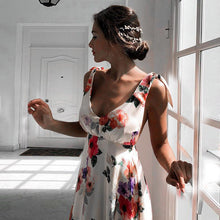 Carica l'immagine nel visualizzatore di Gallery, Vestito estivo casual da donna con scollo a V, maniche a cappuccio, schiena scoperta, abito lungo stampato in stile bohémien per signora