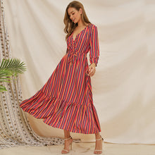 Carica l'immagine nel visualizzatore di Gallery, Long Sleeve colorful sexy V neck stripe ruffle dress - Jasmine Wei Factory Shop