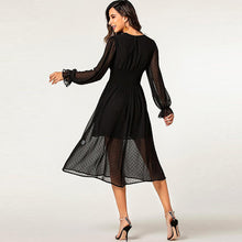 Загрузить изображение в средство просмотра галереи, factory wholesale hot puff lantern long sleeve jacquard polka dot chiffon autumn dress ladies deep V neck trendy dress