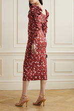 Carica l'immagine nel visualizzatore di Gallery, Abito casual midi in popeline di cotone elasticizzato con stampa floreale e maniche lunghe