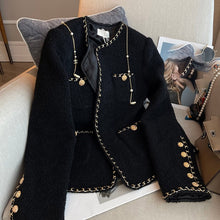 Load image into Gallery viewer, Woman Spring Autumn Black Weave Gold Bordering Round Neck Tweed Jacket