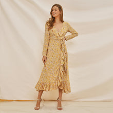 Load image into Gallery viewer, Long Sleeve Ruffle Wrap Tie Midi Dress