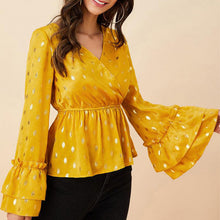 Cargar imagen en el visor de la galería, Yellow long sleeve chiffon v neck peplum blouse