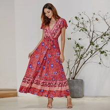 Carica l'immagine nel visualizzatore di Gallery, Abito lungo da spiaggia con scollo a V, manica corta, con spacco, stampato floreale bohémien