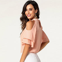 Laden Sie das Bild in den Galerie-Viewer, Pretty halter beaded neck off shoulder 2-layer short sleeve top