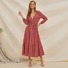 Carica l'immagine nel visualizzatore di Gallery, Long Sleeve colorful sexy V neck stripe ruffle dress - Jasmine Wei Factory Shop