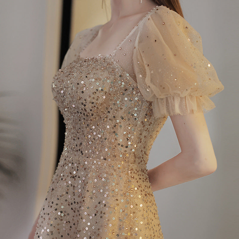 sachin and babi light blue dress FATAPAESE Customized Luxury Bridesmaid Dress Full Beaded Sequins Stones  Bodice Short Sleeve Sheath Gown Wedding Engagement Dress