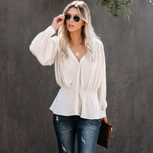 Загрузить изображение в средство просмотра галереи, Elegant long sleeve ruffle peplum buttoned blouse for women