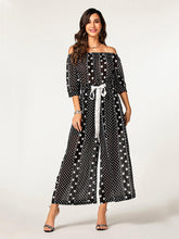 Laden Sie das Bild in den Galerie-Viewer, Off Shoulder 3/4 Sleeve Adjusted Waist Ribbon Polka Dot Long Wide Leg Jumpsuit