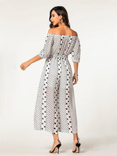 Laden Sie das Bild in den Galerie-Viewer, Off Shoulder 3/4 Sleeve Adjusted Waist Ribbon Polka Dot Long Wide Leg Jumpsuit