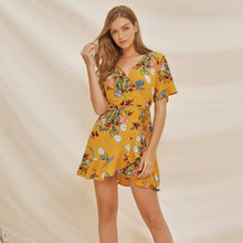 Carica l'immagine nel visualizzatore di Gallery, Vestito estivo in saldo con scollo a V, sexy e irregolare, da donna, stile boho, con volant, svasato, floreale, mini abito da donna