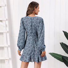 Cargar imagen en el visor de la galería, hot sale new Autumn Deep V Neck Puff Long Lantern Sleeve Ruffle Slim Print Chiffon Casual Dress