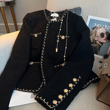 Load image into Gallery viewer, Woman Spring Autumn Black Weave Gold Bordering Round Neck Tweed Jacket
