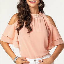 Laden Sie das Bild in den Galerie-Viewer, Pretty halter beaded neck off shoulder 2-layer short sleeve top
