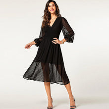 Загрузить изображение в средство просмотра галереи, factory wholesale hot puff lantern long sleeve jacquard polka dot chiffon autumn dress ladies deep V neck trendy dress