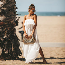 Carica l'immagine nel visualizzatore di Gallery, Vestito estivo da spiaggia con spalle scoperte, sexy e ampio in rayon bianco, boho, lungo e senza spalline