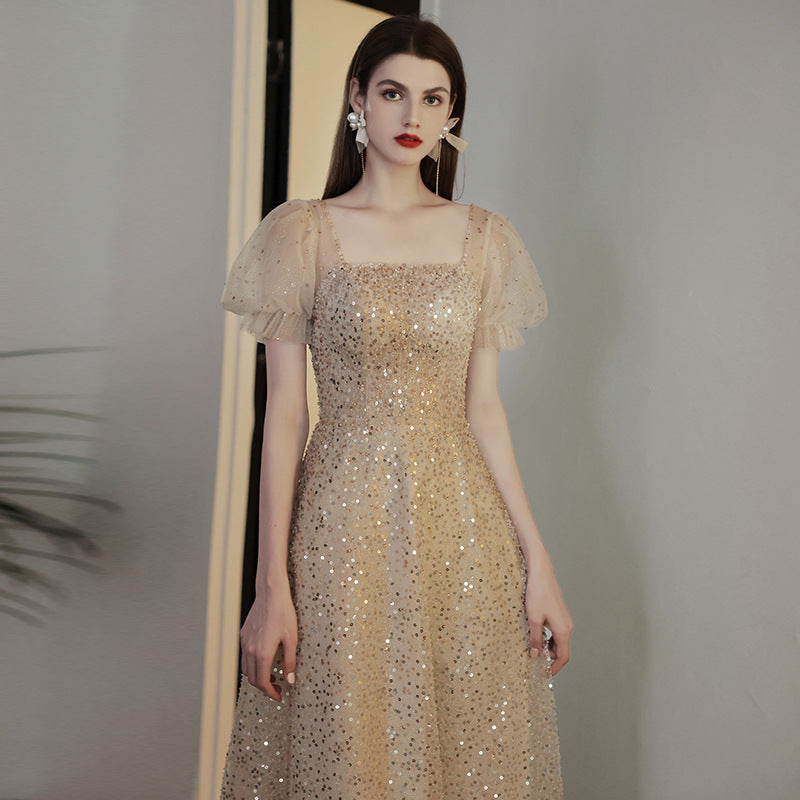 Puff Short Sleeve Elegant Sequin Midi Celebrity Engagement Bridal Even –  Jasmine Wei Factory Shop