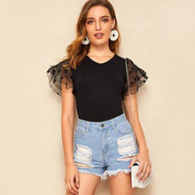 Laden Sie das Bild in den Galerie-Viewer, Short Sleeve Casual V neck Dot 2-layer Tulle Lace Jersey Spliced T Shirt