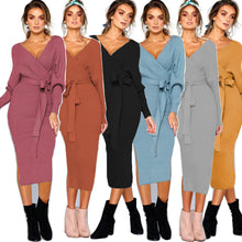 Cargar imagen en el visor de la galería, 5-color Sexy V Neck Long Sleeve Knitwear Dress with Belt