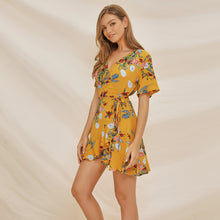 Carica l'immagine nel visualizzatore di Gallery, Vestito estivo in saldo con scollo a V, sexy e irregolare, da donna, stile boho, con volant, svasato, floreale, mini abito da donna