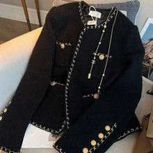 Load image into Gallery viewer, Woman Spring Autumn Black Weave Gold Bordering Round Neck Tweed Jacket