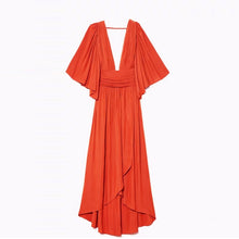 Charger l'image dans la galerie, solid color deep v neck boho high split lantern sleeve dress