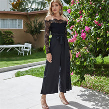 Load image into Gallery viewer, 2022 Autumn Lace Spliced Slim Long Sleeve Off Shoulder Wide Leg Jumpsuit
