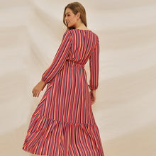Carica l'immagine nel visualizzatore di Gallery, Long Sleeve colorful sexy V neck stripe ruffle dress - Jasmine Wei Factory Shop